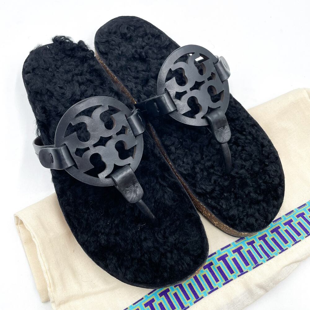 Tory Burch Miller Cloud Shearling Sandals Black Thong Leather‎ Slip On Sz 6.5